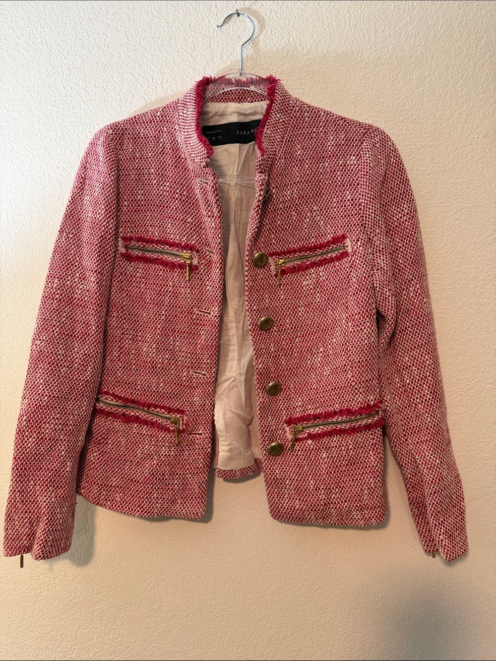Zara Pink Tweed Collarless Blazer with Gold-Tone Buttons
